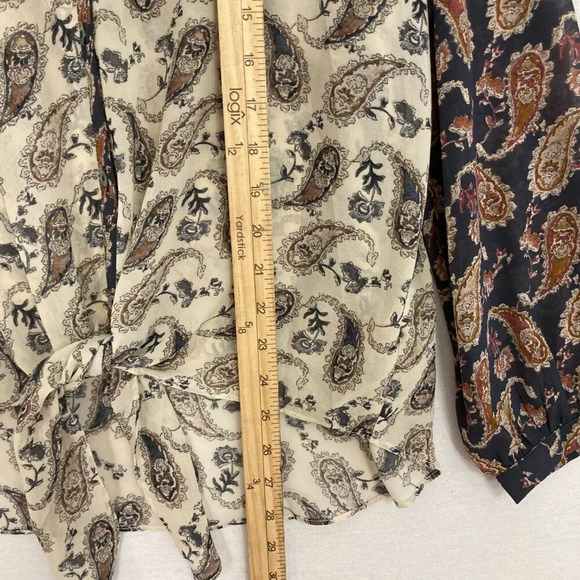 New Mystree Multi Color Paisley Tie Front Patchwork Boho Long Sleeve Top Large - Picture 6 of 10